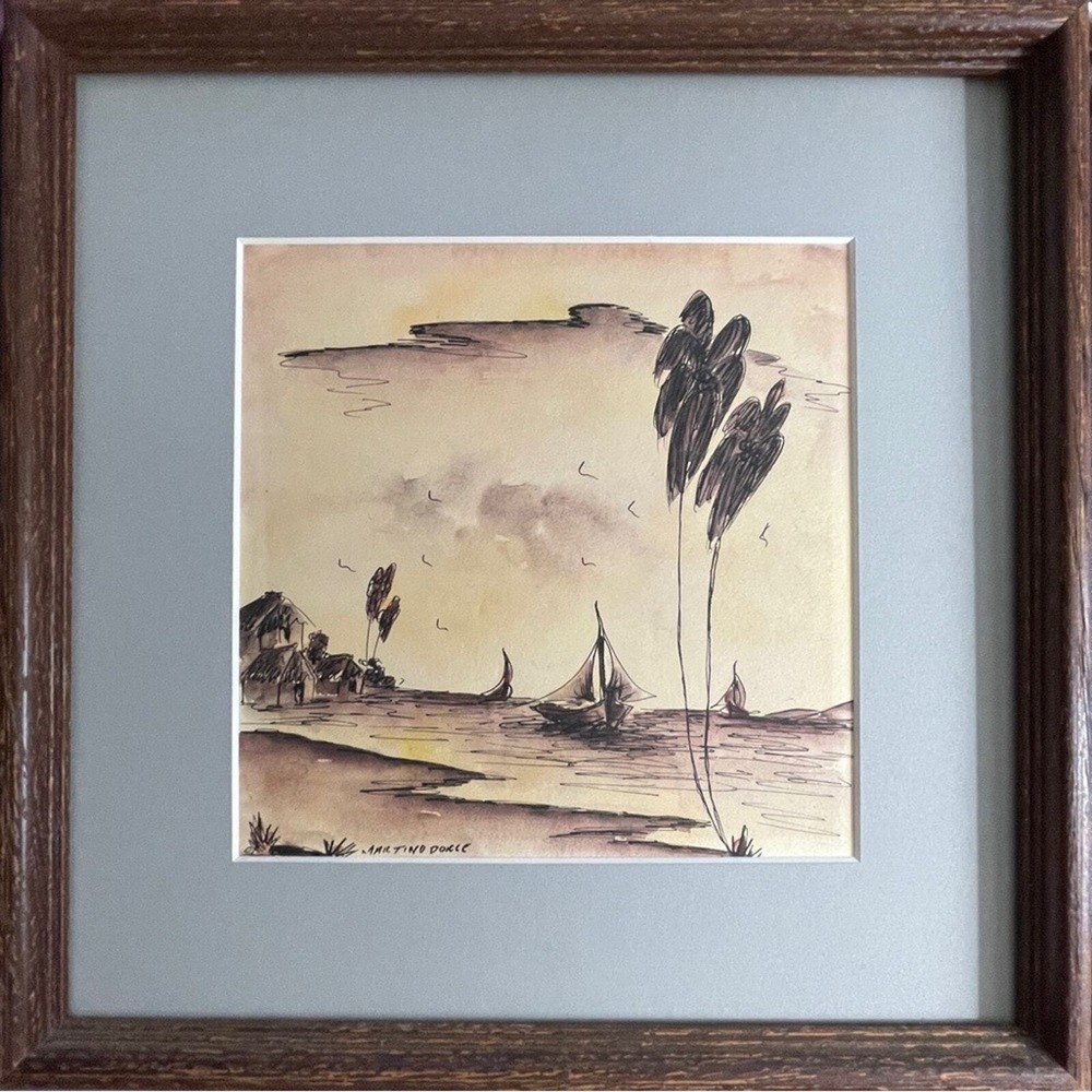 Signed Martino Dorce Watercolor Painting Haitian Sail Boat Original Ink Paper